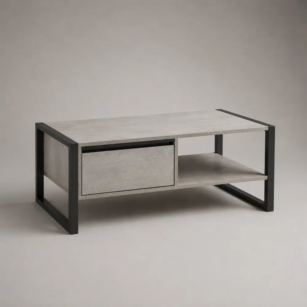 Table basse rectangulaire 120x60x45 cm MDF effet béton gris avec tiroir et cadre en acier noir
