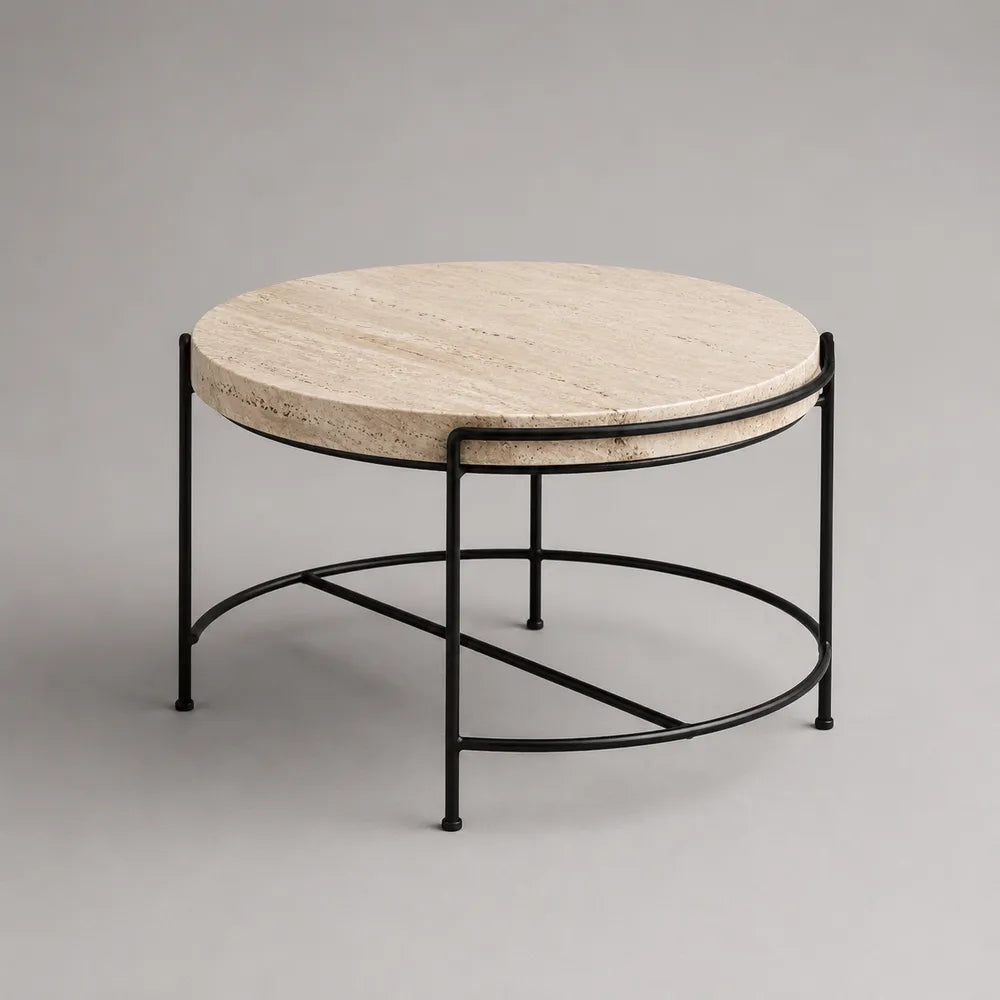 Table basse ronde 90 x 90 x 45 cm avec plateau en travertin beige et structure en acier noir