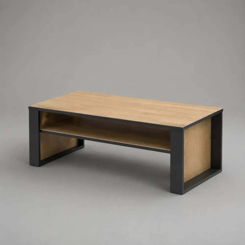 Table basse rectangulaire en MDF effet chêne clair et acier noir avec étagère ouverte 120 x 60 x 45 cm