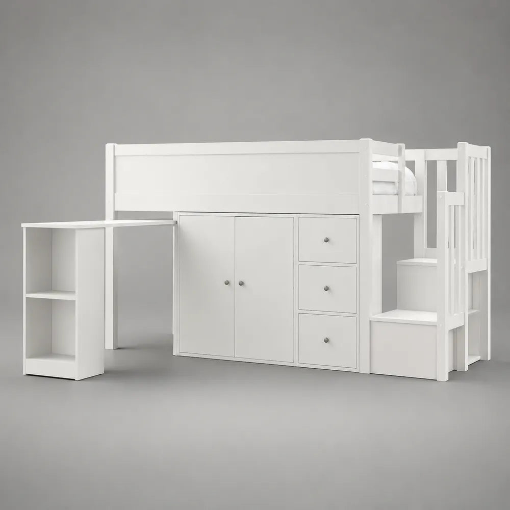 Lit mezzanine enfant en MDF blanc avec bureau armoire tiroirs et escalier 90 x 200 cm
