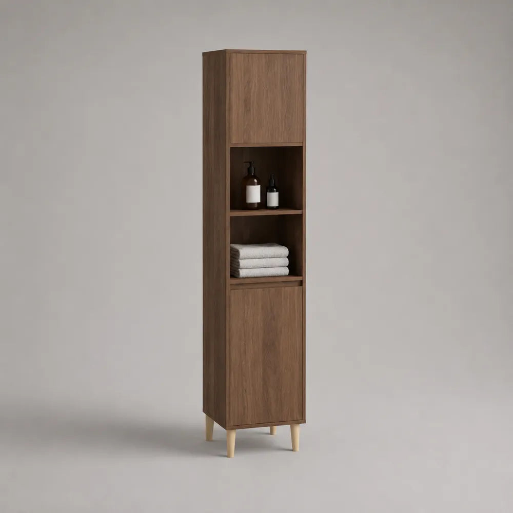 Colonne de salle de bain 40 x 35 x 160 cm en MDF effet noyer avec portes et niches ouvertes