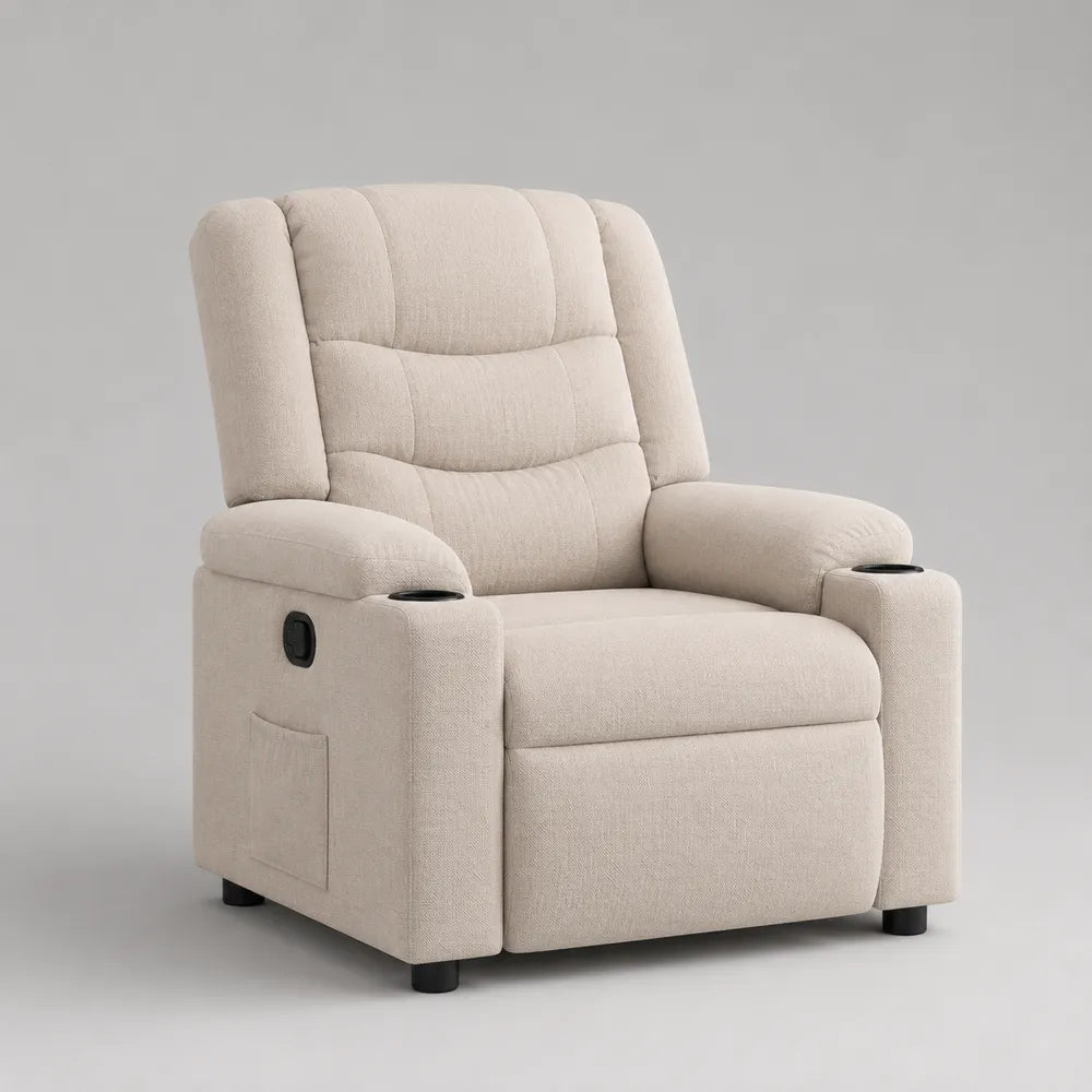 Fauteuil relax inclinable en tissu polyester beige avec repose-pieds intégré et accoudoirs rembourrés 85 x 90 x 105 cm