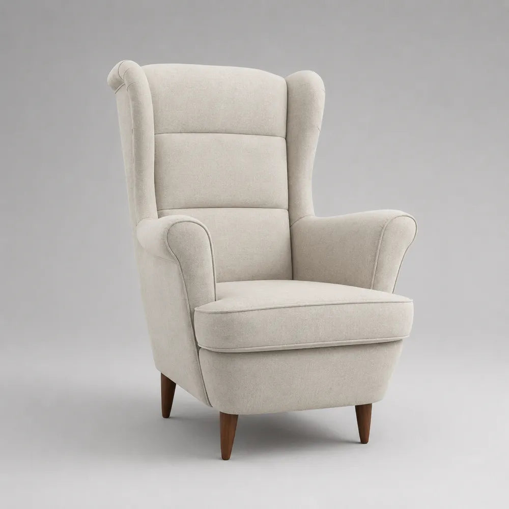 Fauteuil bergère rembourré en polyester beige avec pieds en bois 80 x 85 x 105 cm