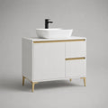 Meuble salle de bain avec vasque à poser 2 portes et tiroir MDF blanc effet chêne avec pieds dorés 100 x 45 x 85 cm