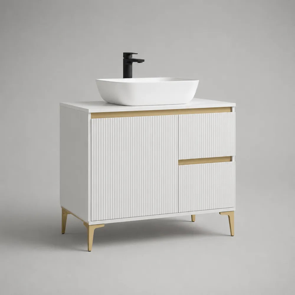 Meuble salle de bain avec vasque à poser 2 portes et tiroir MDF blanc effet chêne avec pieds dorés 100 x 45 x 85 cm