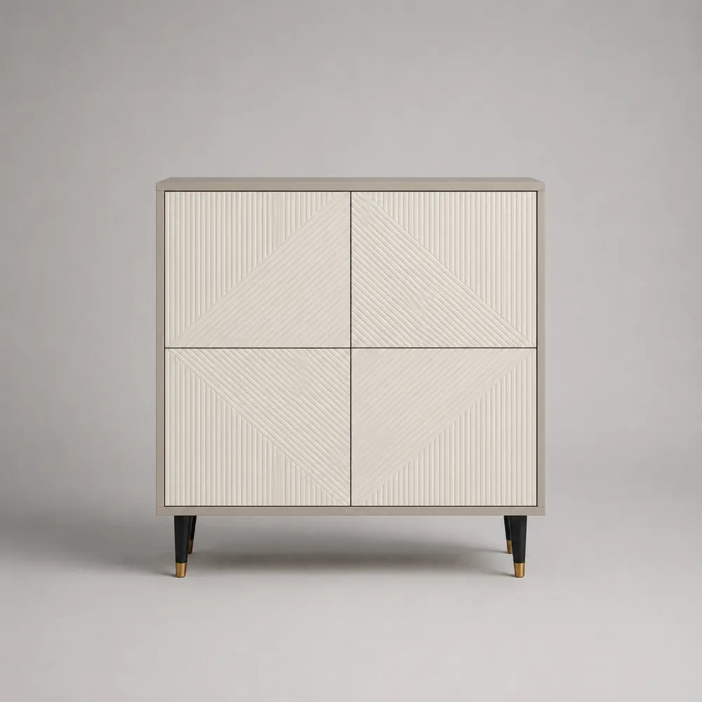 Buffet de salle à manger 4 portes en MDF finition crème avec façades texturées géométriques et pieds en métal noir 120 x 40 x 85 cm
