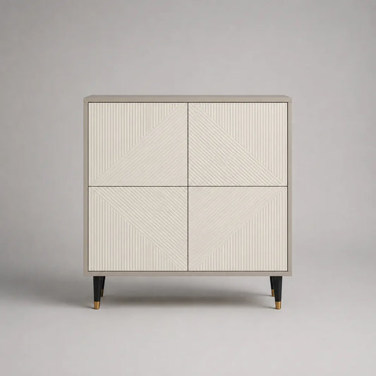 Buffet de salle à manger 4 portes en MDF finition crème avec façades texturées géométriques et pieds en métal noir 120 x 40 x 85 cm