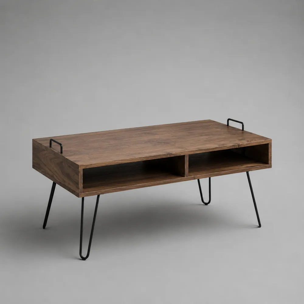 Table basse rectangulaire 120 x 60 x 45 cm en MDF effet noyer avec niches ouvertes et pieds en acier noir