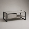Table basse rectangulaire 120x60x45 cm MDF effet béton gris avec tiroir et cadre en acier noir