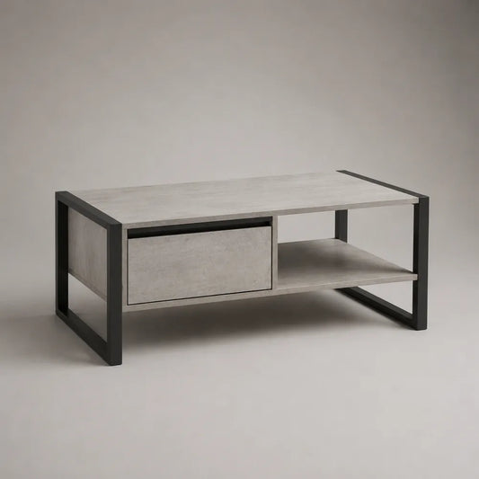 Table basse rectangulaire 120x60x45 cm MDF effet béton gris avec tiroir et cadre en acier noir