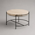 Table basse ronde 90 x 90 x 45 cm avec plateau en travertin beige et structure en acier noir
