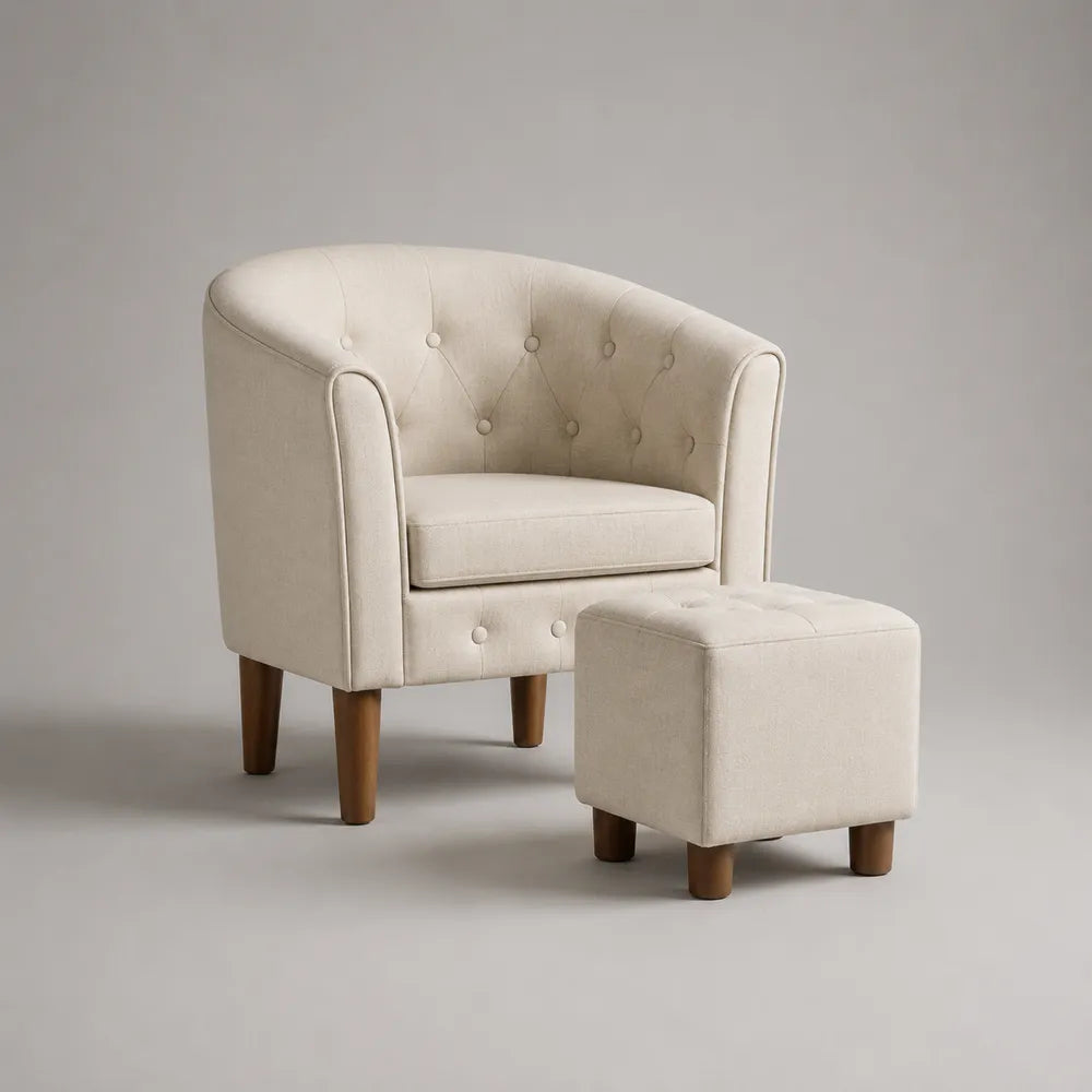 Fauteuil rembourré avec repose-pieds en tissu polyester beige et pieds en bois 75 x 75 x 85 cm