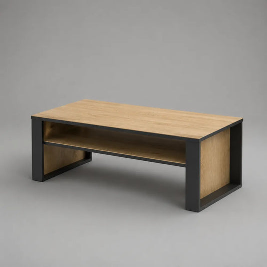 Table basse rectangulaire en MDF effet chêne clair et acier noir avec étagère ouverte 120 x 60 x 45 cm