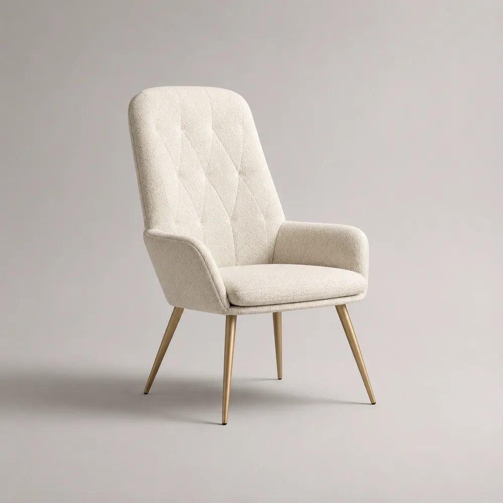 Fauteuil avec accoudoirs en tissu beige bouclé avec pieds en acier doré 75 x 80 x 95 cm