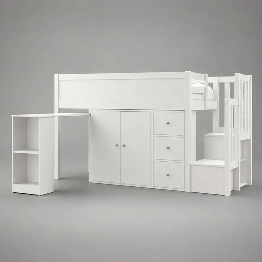 Lit mezzanine enfant en MDF blanc avec bureau armoire tiroirs et escalier 90 x 200 cm