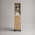 Armoire de salle de bain colonne 40x35x160 cm MDF blanc et chêne clair avec porte tiroir et étagères
