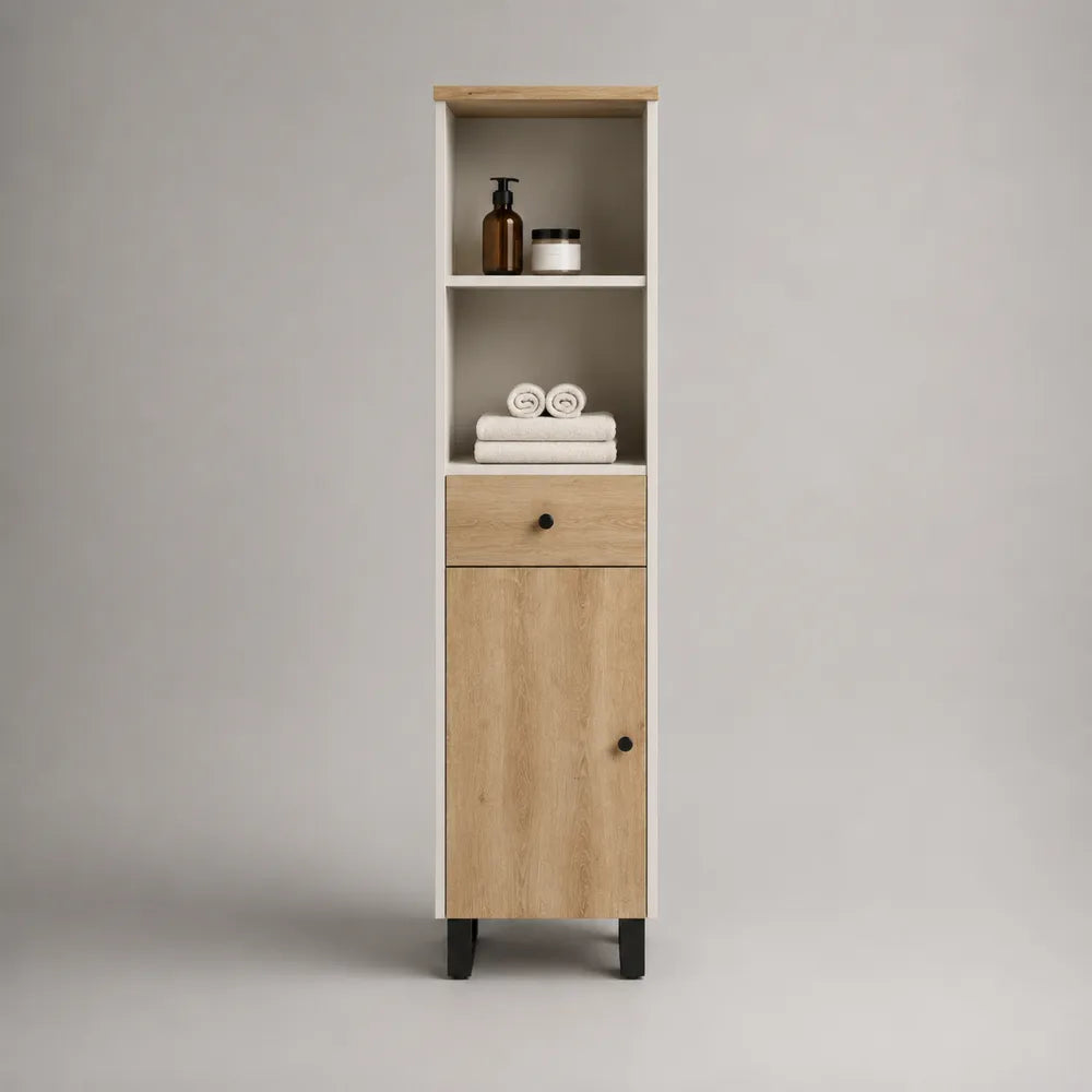 Armoire de salle de bain colonne 40x35x160 cm MDF blanc et chêne clair avec porte tiroir et étagères