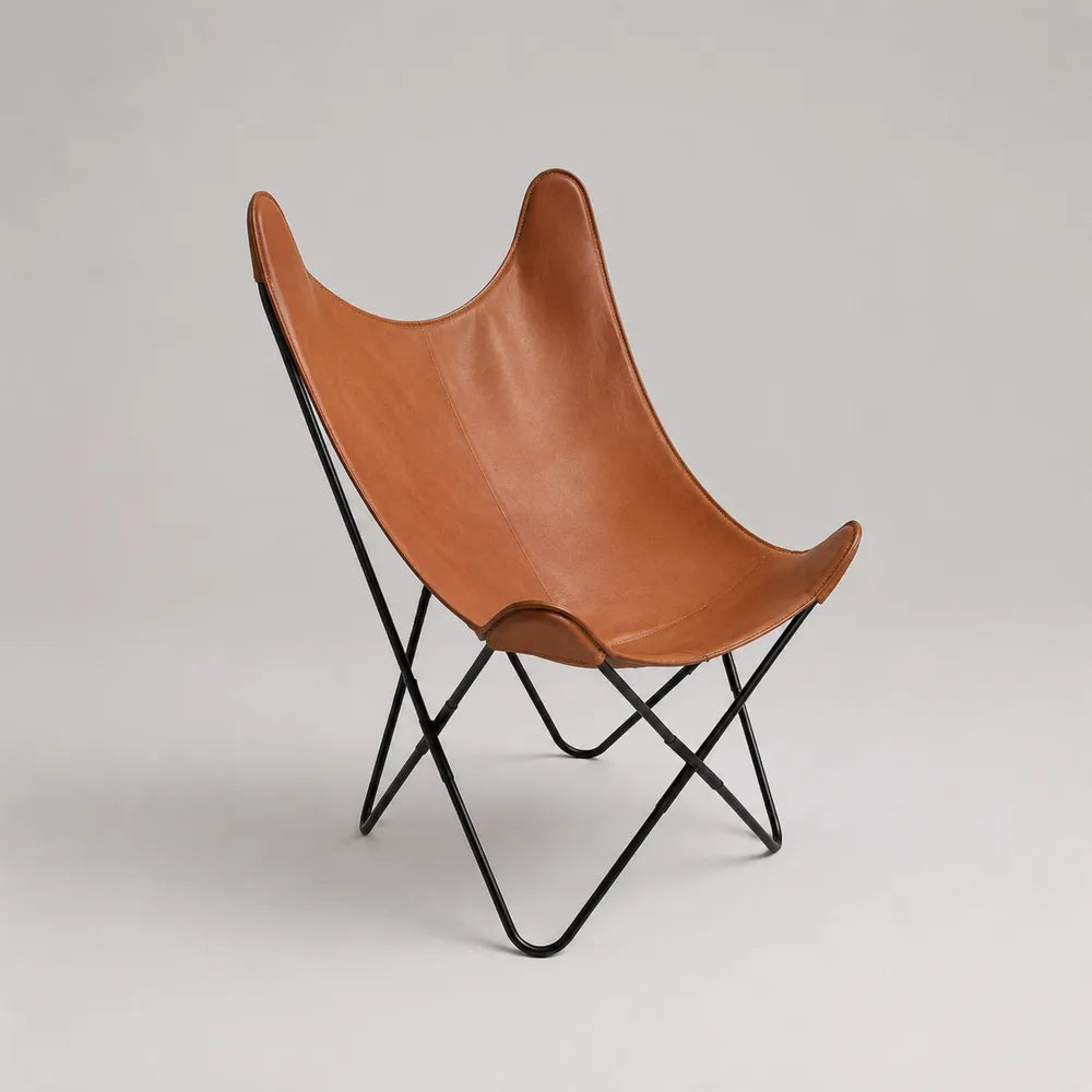 Fauteuil papillon pliant en cuir synthétique marron avec structure en acier noir 75 x 85 x 90 cm