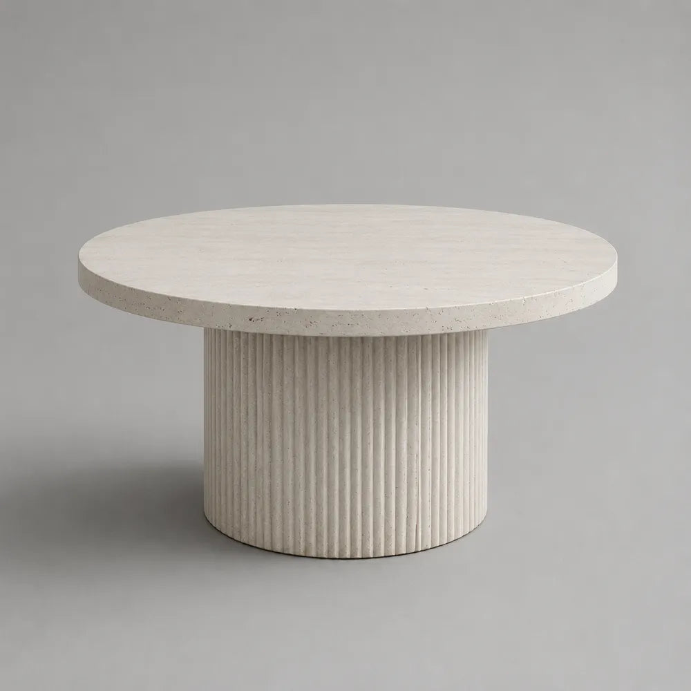 Table basse ronde 100x100x40 cm MDF effet pierre blanc cassé avec pied cylindrique rainuré