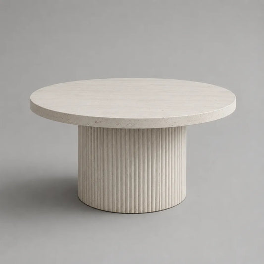 Table basse ronde 100x100x40 cm MDF effet pierre blanc cassé avec pied cylindrique rainuré
