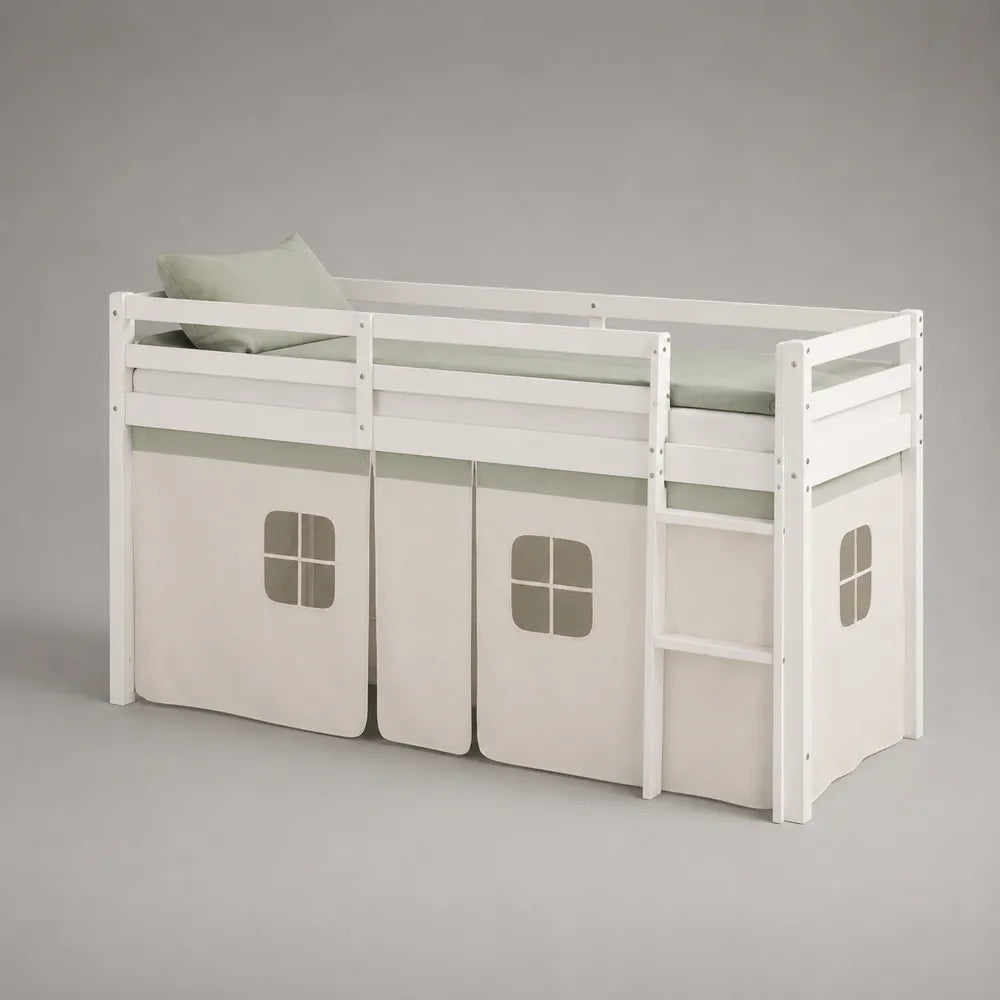 Lit mezzanine enfant avec tente de jeu en polyester blanc et structure en bois blanc 90 x 200 cm