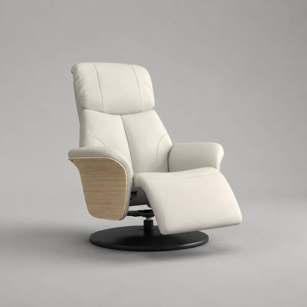 Fauteuil relax pivotant inclinable en polyester blanc avec repose-pieds intégré et base ronde noire 80 x 90 x 100 cm