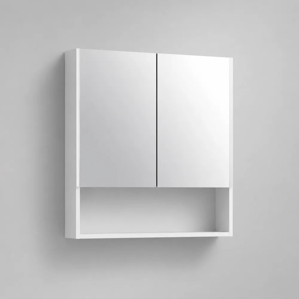 Armoire de toilette murale 80 x 20 x 70 cm en MDF blanc avec portes battantes et niche ouverte